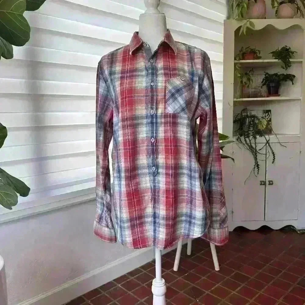 Guess Jeans Men's Clyde Plaid Button Pocket Shirt Long Sleeve Check Blue Size M